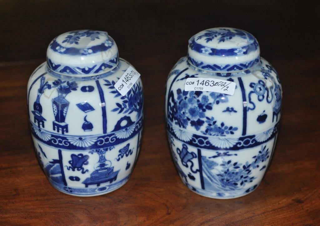 Pair Small Chinese B/W Porcelain Lidded Jars (1 of 3)