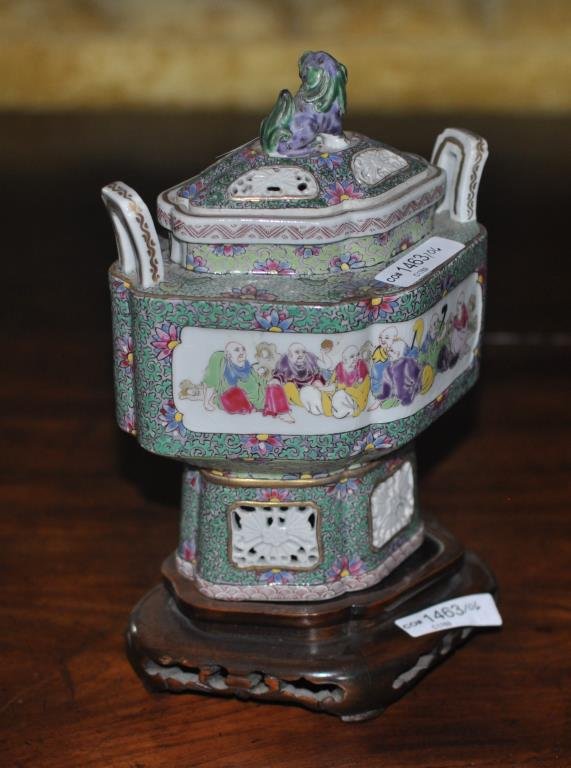 Chinese Porcelain Incense Burner/Lid/Stand: Chinese Porcelain Incense Burner/Lid/Stand approximately 9" high overall. No damage noted, some roughness around base but no cracks or chips; repair to attachment of one handle, and some glaze crazing