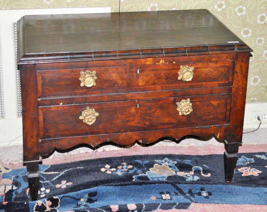 European Two Drawer Walnut Commode: European Two Drawer Walnut Commode with restorations. 26" high, 37" wide, 21" deep.