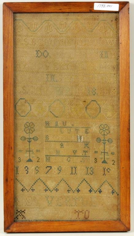 Early Needlework Sampler On Linen, 1732 (1 of 4)