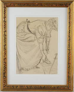 Attributed Alphonse Legros "Woman Adjusting Shoe": Attributed to Alphonse Legros (French, 1837-1911), possibly Louis Legrand (French, 1863-1951), "Woman Adjusting Shoe" charcoal on paper, unsigned. Framed, not examined out of frame. Sight size: 9