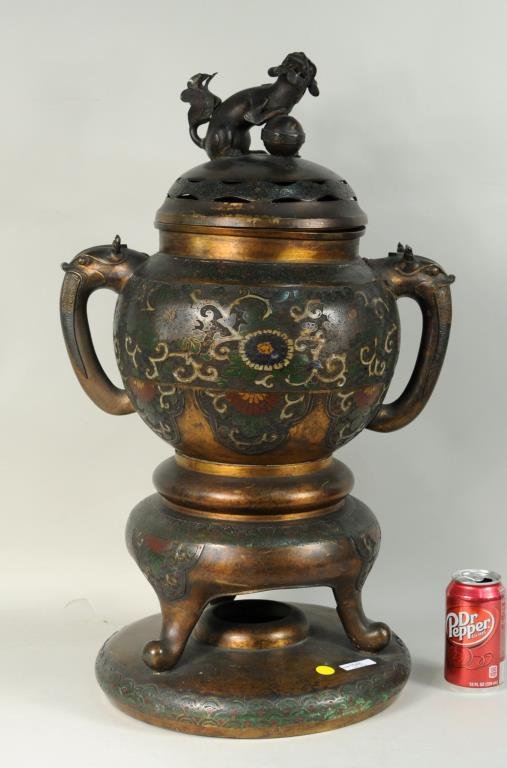 Large Japanese Bronze/Champleve Lidded Censer Urn (1 of 7)