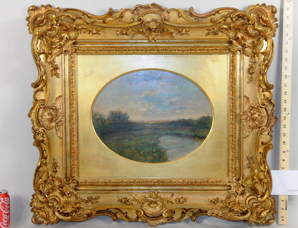 David Johnson Hudson River Scene O/B: Manner of David Johnson (Am. 1829-1908), oil on board, Hudson River landscape scene in an elaborate giltwood frame. Later pencil inscription verso "David Johnson". Sight size: 11 1/2" high, 14 1/2" wi
