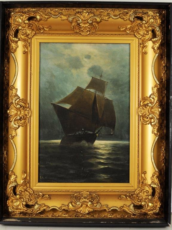 In Manner Of Edward Moran "Evening Sail": In the manner of Edward Moran (American, 1829-1901), "Evening Sail" oil on canvas, signed lower left "Ed Moran. Sight size: 17 1/4" high, 11 1/2" wide. Frame size: 26 3/4" high, 21" wide. Condition: s
