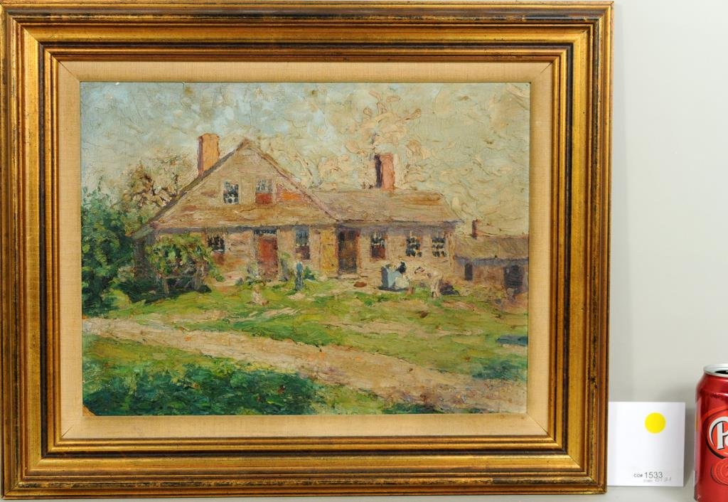 Helen F. Newton "Cottage" O/B: Helen F. Newton (CT, 1878-1970) "Cottage" oil on board, signed verso (under paper backing) "Helen F. Newton". She was a pupil of Charles Hawthorne and Harry Leith-Ross. Sight size: 11 1/2" high, 15 1/
