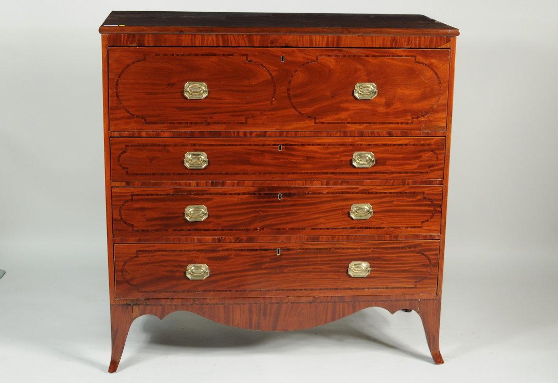Federal Inlaid Mahogany Butler's Desk: Federal inlaid mahogany butler's desk having a drop down writing surface over three graduated drawers. 47 1/2" high, 46 1/2" wide, 20 1/2" deep. Open: 33" deep. Condition: restoration, veneer cracks, 
