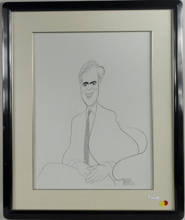 Al Hirschfeld Caricature Portrait, M.Suisman: Al Hirschfeld (American, 1903-2003), ink on paper caricature portrait of Hartford businessman Michael Suisman, signed lower right. Framed, not examined out of frame. Sight size: 24" high, 18 1/2" wide