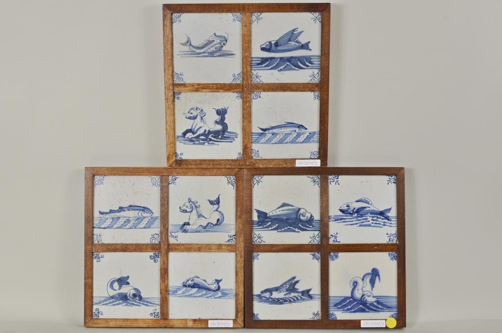 Twelve Framed Delft Tiles Depicting Sea Creatures (1 of 3)