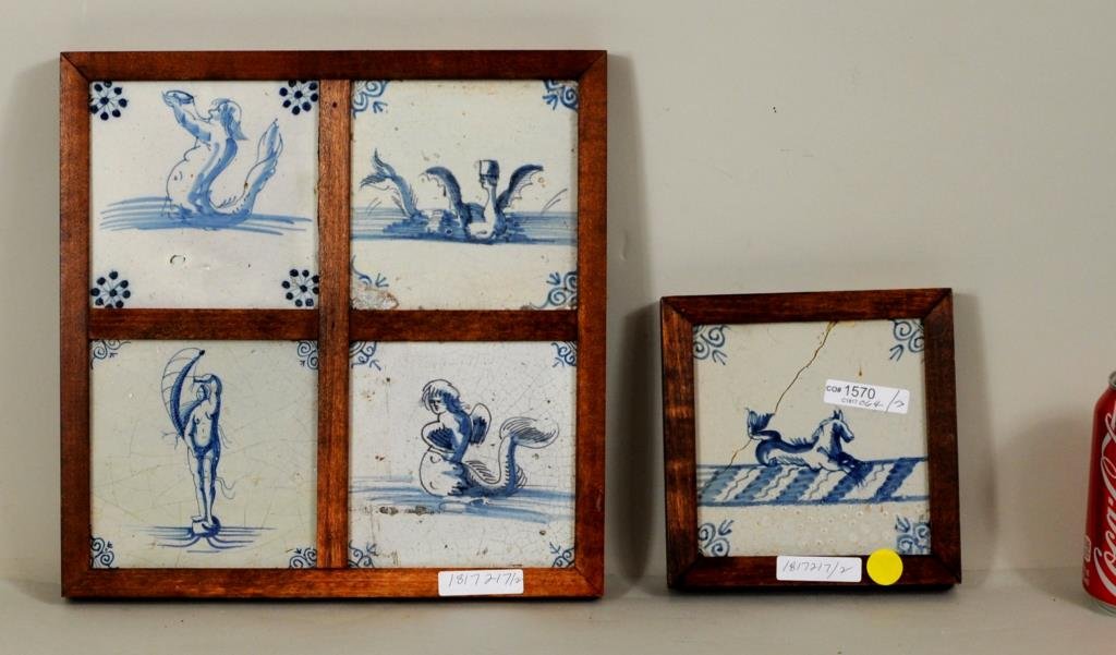 Five Delft Framed Tiles Depicting Sea Creatures (1 of 3)