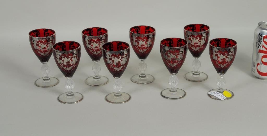 Eight Small Cranberry Glass Silver Overlay Wines (1 of 3)