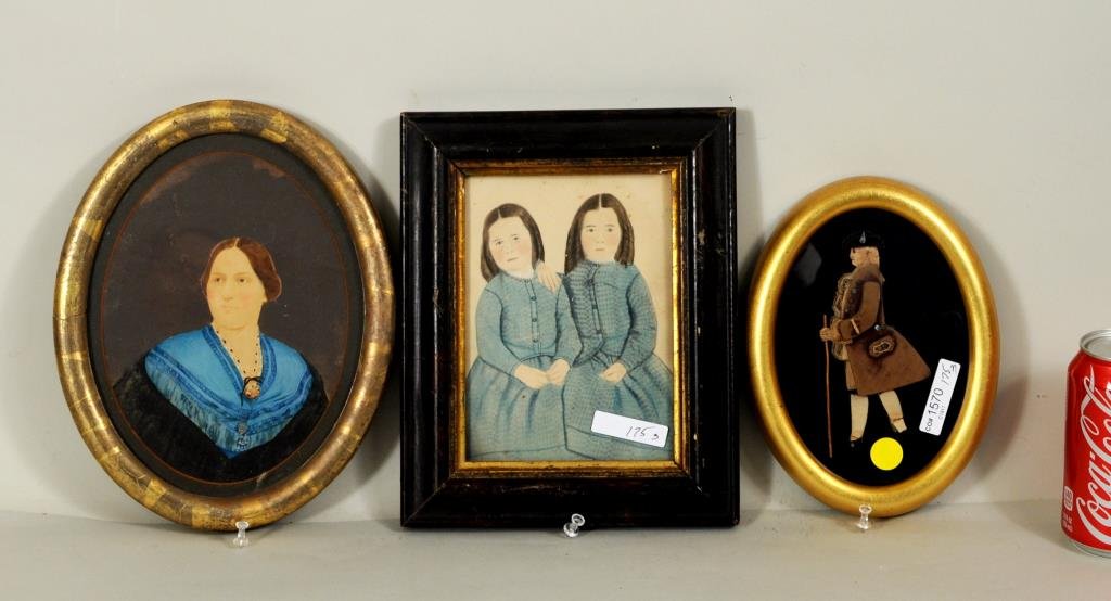 Two Early Hand Colored Photos & Fabric Silhouette: Two early hand colored photos and a fabric silhouette of gentleman. Framed, not examined out of frames. Sight size: 6 3/8" high, 4 1/2" wide to 8 1/2" high, 6 1/2" wide. Frames: 7 5/8" high, 6" wide t