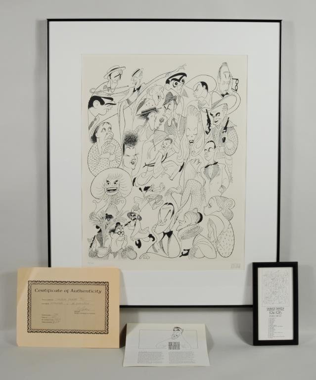 Al Hirschfeld "Schubert Theater " Lithograph: Al Hirschfeld (American, 1903-2003), "Shubert Theatre 1914-1976" lithograph, numbered, signed in pencil "98/250 Hirschfeld". Framed, not examined out of frame. Sight size: 23" high, 17 1/4" wide. Fram