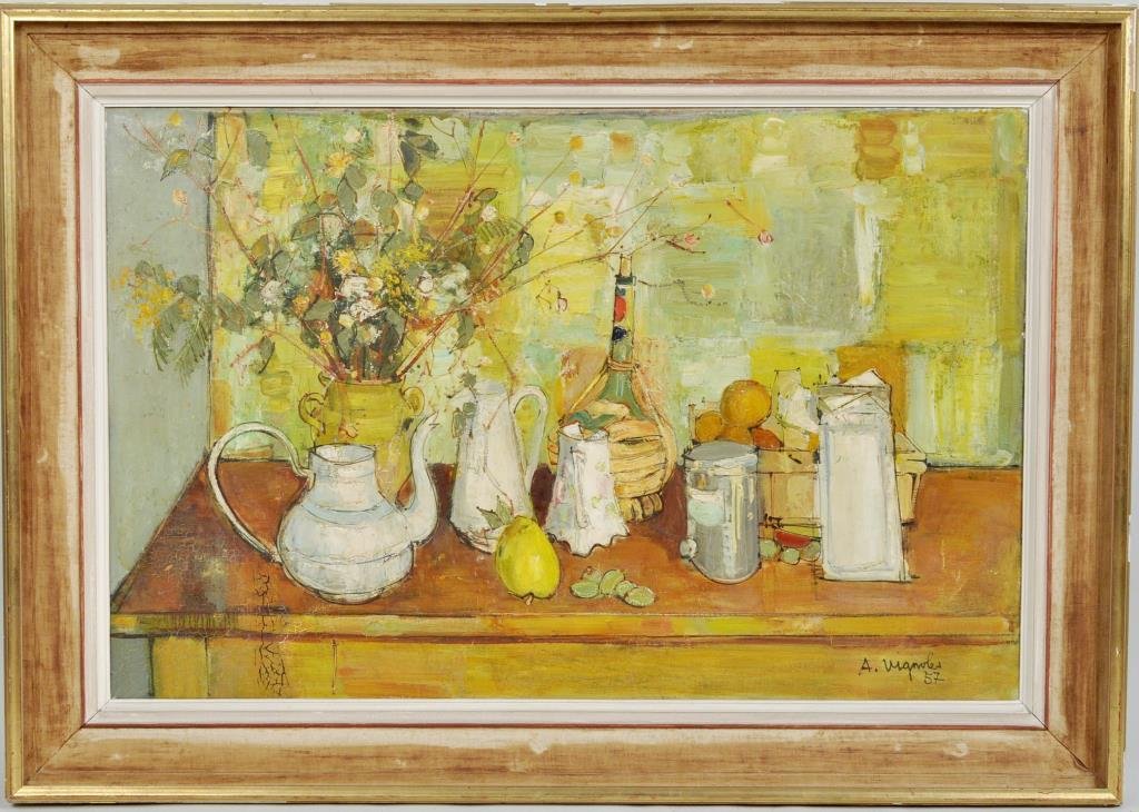 Andre Vignoles "Table Arrangement" O/C: Andre Vignoles (French, b. 1920), "Table Arrangement" oil on canvas, signed, dated lower right "A. Vignoles 57", A. Tooth and Sons, London, gallery label verso. Sight size: 25 1/4" high, 38 3/4" wide.