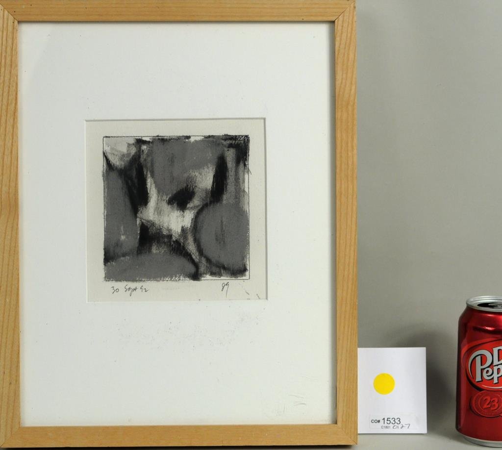 Joseph Gerhard "Untitled" Chalk on Paper: Joseph Gerhard (American, 20th century) "Untitled" graphite, graphite wash, charcoal, chalk on paper, dated, initialed "30 Sept. 92 JG". Framed, not examined out of frame. Sight size: 6" high, 6" wide