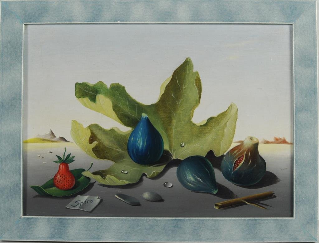 Georges Spiro "Les Figues" O/C: Georges Spiro (French, 1909-1940) "Les Figues" oil on canvas, signed lower left "Spiro". Artists letter of authentication verso dated 1963. Sight size: 9" high, 12 3/4" wide. Frame size: 11 1/2" high,