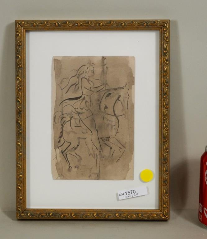 Manner Of Reginald Marsh "Carousel Girl" W/P: In the manner of Reginald Marsh (American, 1898-1954), "Carousel Girl" watercolor on paper, unsigned. Framed, not examined out of frame. Sheet size: 7 3/8" high, 5" wide. Frame size: 11 7/8" high, 9 1