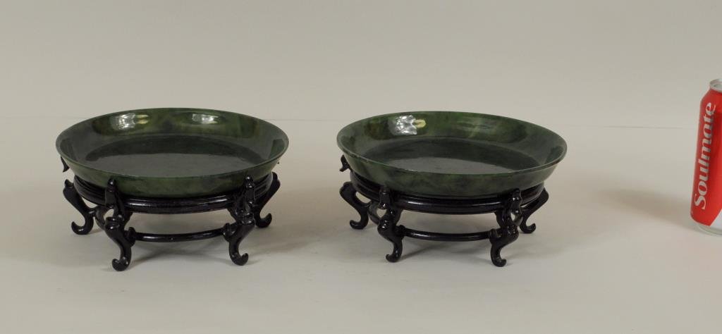 Pair Asian Carved Spinach Jade Footed Bowls (1 of 4)