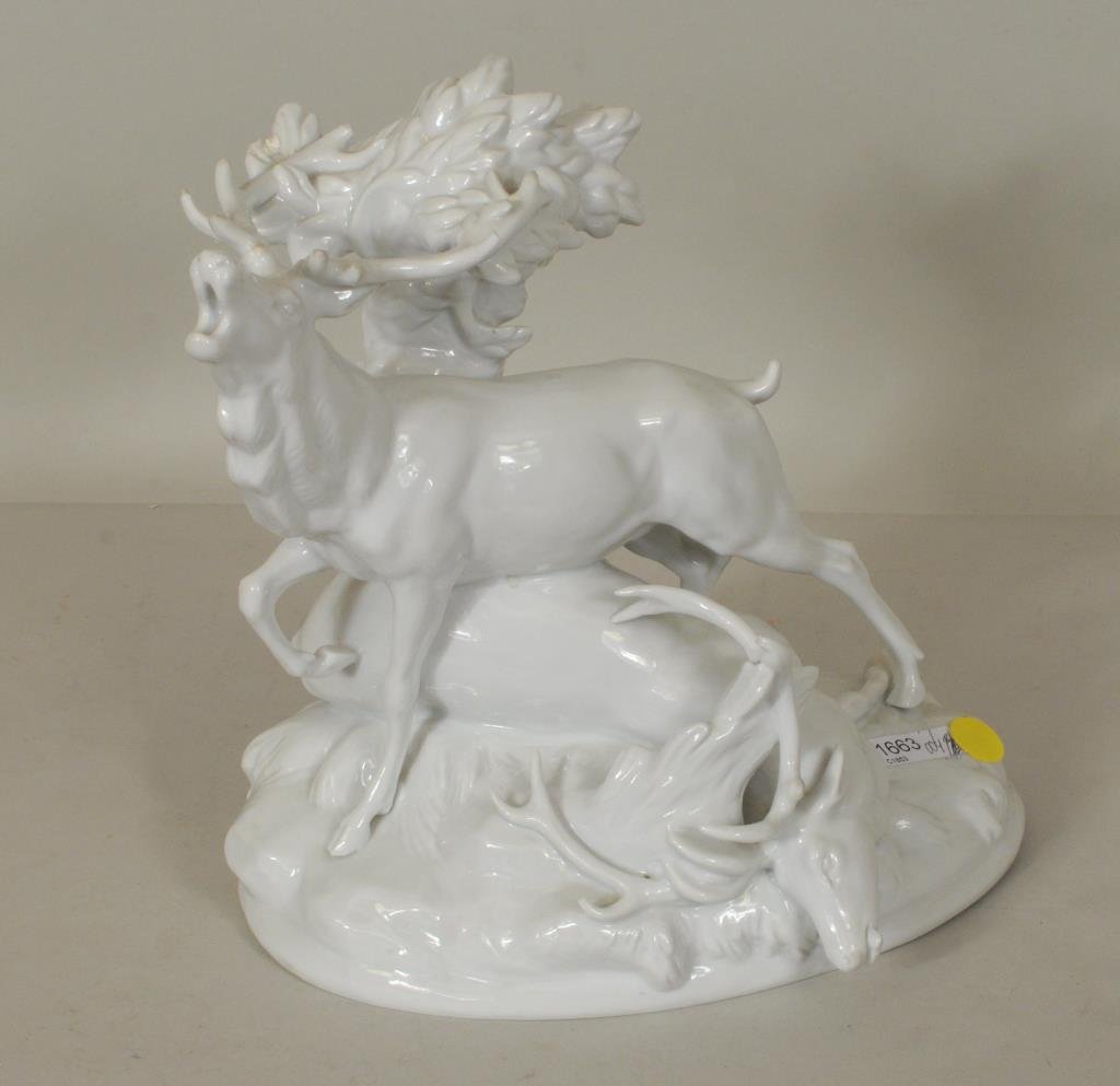 Fine German Blanc De Chine Porcelain Group: Fine German blanc de chine porcelain group with stags in a forest clearing. Marked "Fraureuth" and singed "M. Herm. Fritz" at base. 10" high, 10" wide, 6" deep.