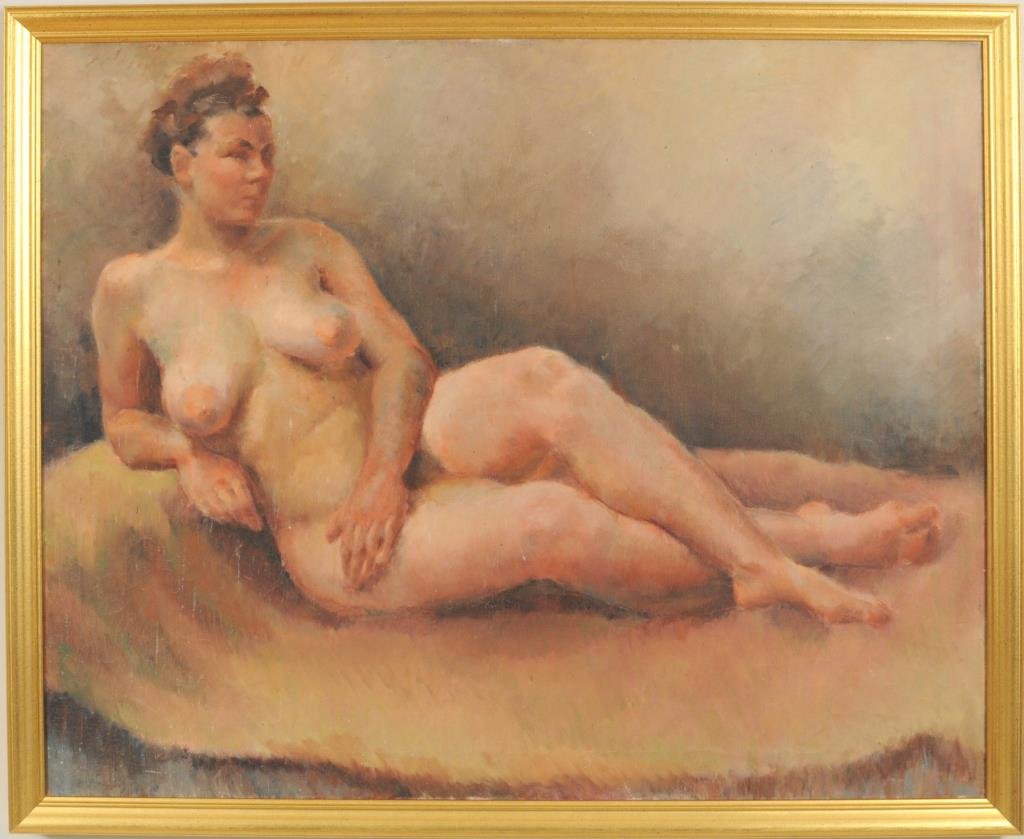 American Or European School "Reclining Nude" O/C: American or European School, 20th century "Reclining Nude" oil on canvas, unsigned. Sight size: 23 1/2" high, 29 3/4" wide. Frame size: 26" high, 32" wide. Condition: light crazing, small light spots.
