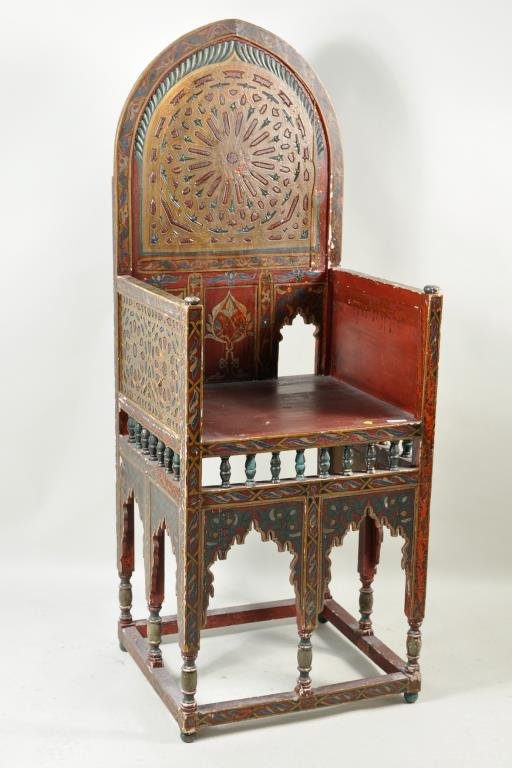 Moroccan Carved & Painted Marriage Armchair: Moroccan carved and painted marriage armchair. 62 1/2" high, 23 3/4" wide, 21 1/2" deep. Condition: paint wear, loss, crazing, alligatoring to finish.