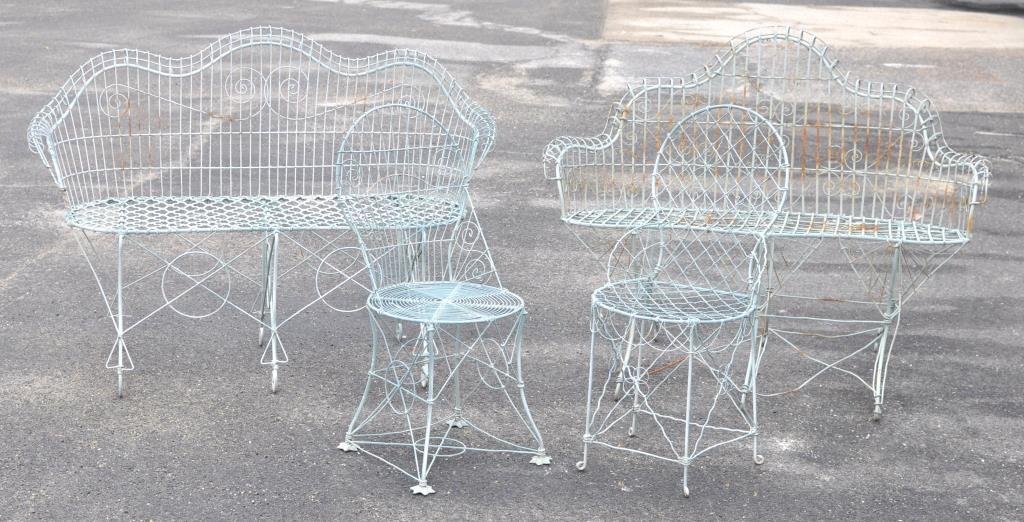 Four Vintage Pieces Wirework Garden Furniture: Four vintage pieces of wirework garden furniture comprising two similar settees and two side chairs all in pale blue paint. 33 1/2" high, 16" wide, 15" deep to 38" high, 52" wide, 19" deep. Condition: