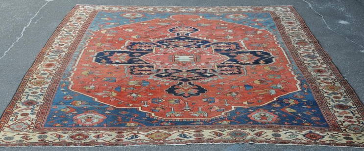 Room Size Persian Serapi Carpet: Room size Persian Serapi carpet. 14' 9" long, 12' wide. Condition: corner tape on verso, repairs, pile wear, loss, end losses. All rugs sold as is.