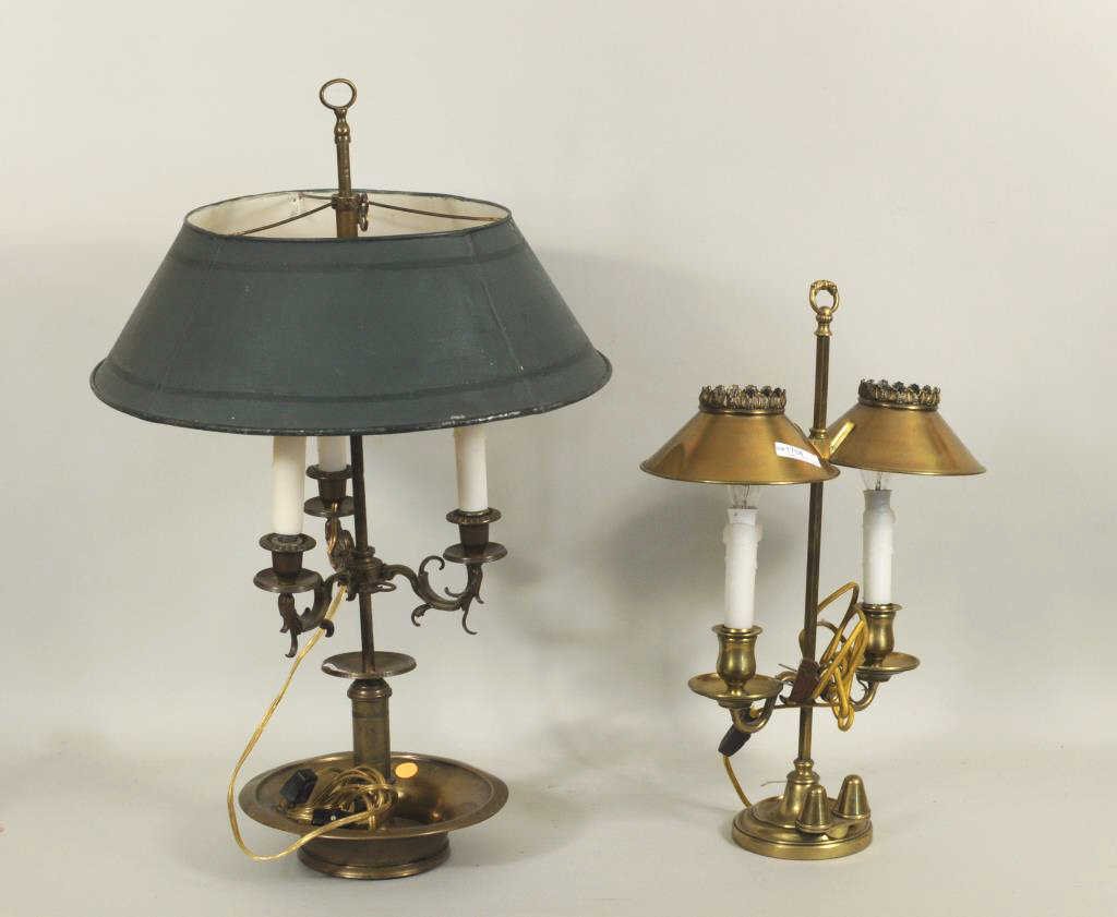 Two Vintage Adjustable Brass Table Lamps: Two adjustable brass table lamps comprising a three light bouillotte and a two light student lamp, shade stamped "Miller And Sons London". 19" high, 13" wide to 25" high, 16.5" wide.