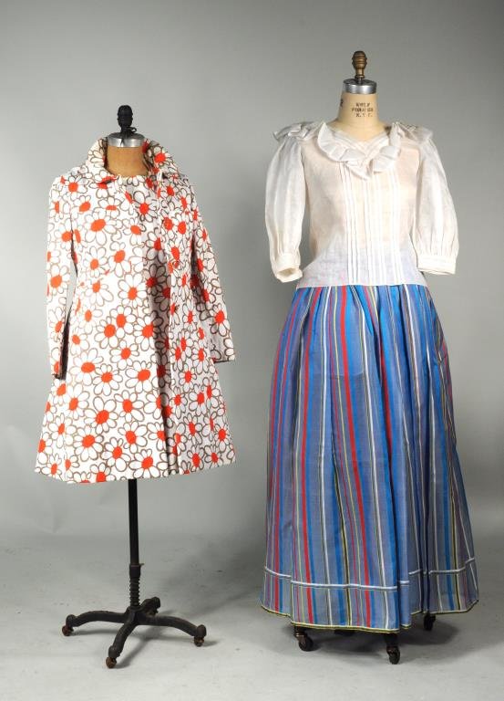 Oscar De La Renta Skirt & Blouse: Oscar De La Renta organza skirt and blouse together with an Elinor Simmons for Malcolm Starr dress and coat ensemble. Skirt: 40 1/2" long, 26" wide. Waist approximately 26". Condition: wear, stains, l
