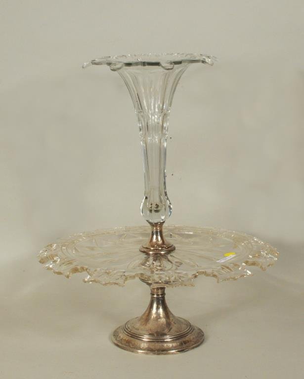 Sheffield Silver Plate Waterford Cut Glass Epergne: Sheffield silver plate mounted Waterford cut glass epergne. 19 1/2" high, 17" diameter. Condition: chips, interior residue, dents to middle silver plate stem.