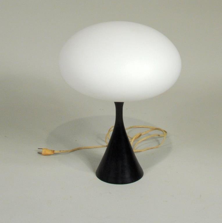 Mid Century Modern Mushroom Form Table Lamp: Mid century mushroom form table lamp with frosted glass shade, enameled metal base. 17" high, 13" diameter. Condition: finish wear, loss, small dings, small losses.