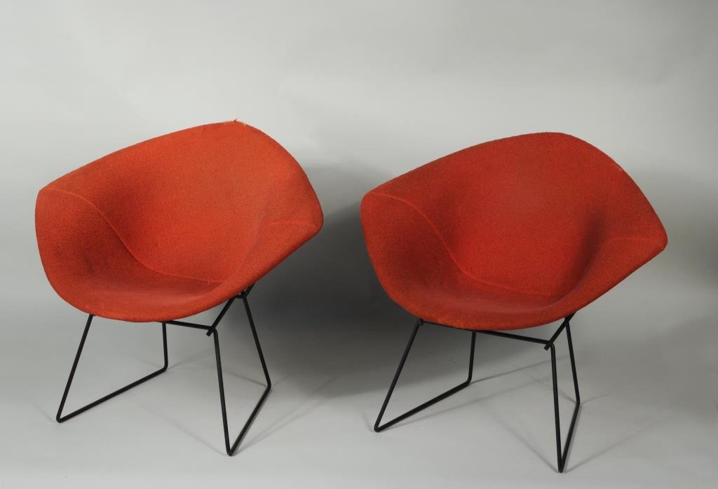 Pair Vintage Bertoia Chairs, Red Fabric Upholstery: Pair of vintage Bertoia chairs upholstered in red fabric, Knoll Associates label, fabric tag on verso. 30" high, 34" wide, 17 1/2" deep. Condition: fabric wear, tear, loss to one at crest.