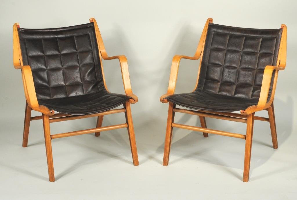 Pair Vintage Hvidt & Molgaard Ax Chairs: Pair of vintage Hvidt & Molgaard Ax chairs, leatherette and molded beech with teak detail designed by Peter Hvidt and Orla Molgaard-Nielsen in 1947, produced by Fritz Hansen, Denmark, stamped on under