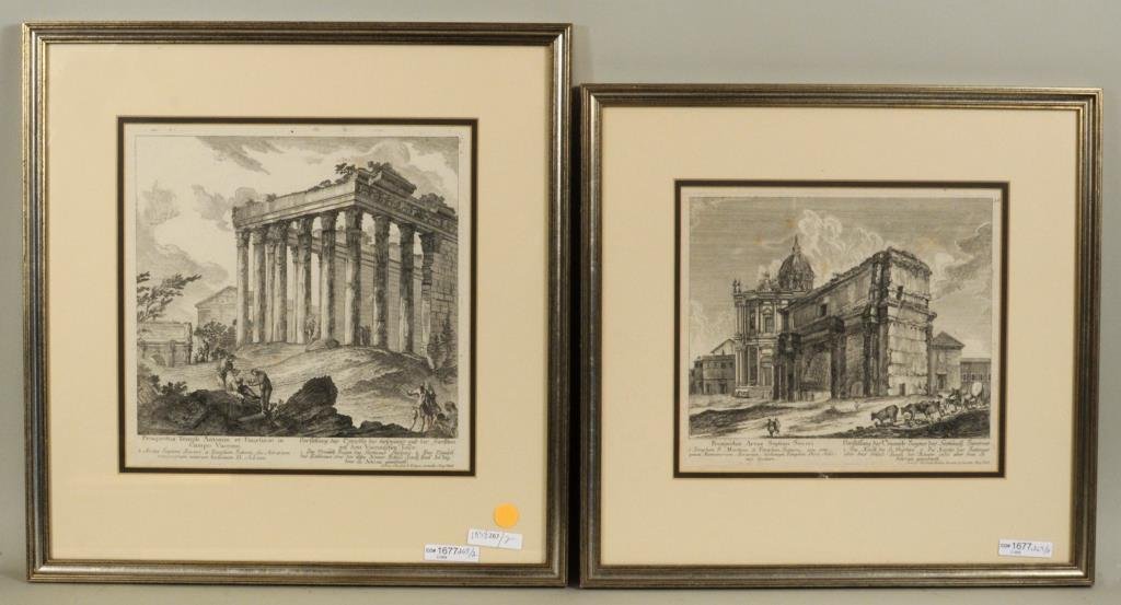 Pair Black & White Roman Prints: Pair black & white Roman prints “Prospectus Templi Antonim et Faustinne in campo vaccine” d. Adriani, and “Prospectus Arcus Septim Seven”. Framed, not examined out of frames. Sight size: 11”