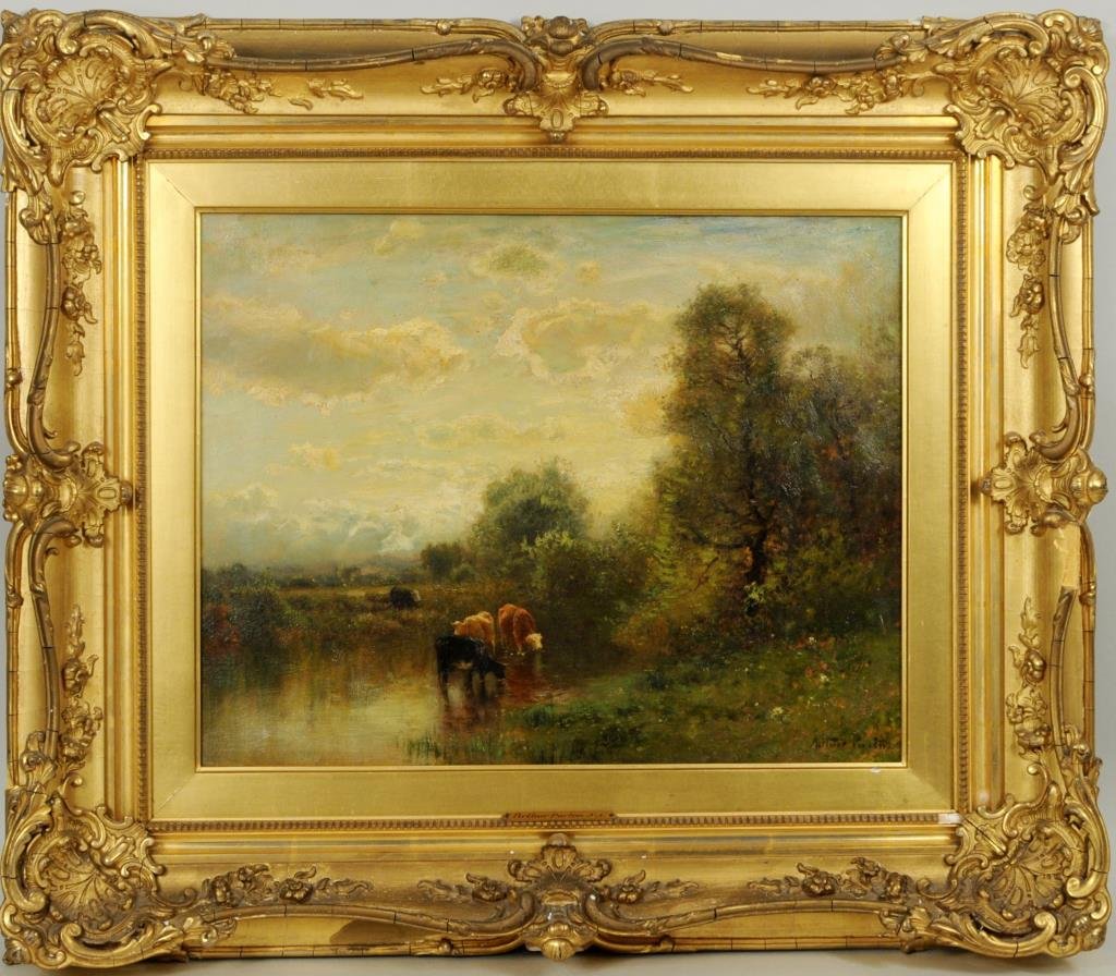 Arthur Parton "Pastoral Landscape Scene" O/C: Arthur Parton (American, 1842-1914), pastoral landscape scene with cattle watering, oil on canvas, signed lower right. Sight size: 14 1/2" high, 18 1/2" wide. Frame size: 25" high, 29" wide. Condition