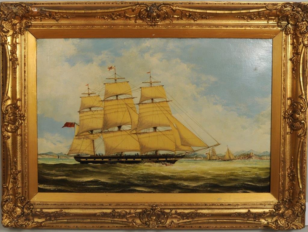 English School "Nautical Scene" O/C: English School "Nautical Scene" oil on canvas, unsigned. 19 1/2" high, 29 1/2" wide. Condition: relined, restoration.