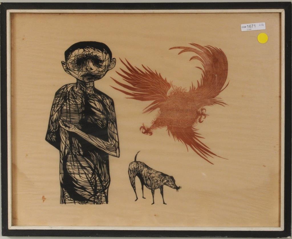 Leonard Baskin "Frightened Boy With Dog" Print: Leonard Baskin (American, 1922-2000), "Frightened Boy With Dog" wood block print on paper, monogrammed in plate lower left "BLF", titled in pencil. Framed, not examined out of frame. Far Gallery label