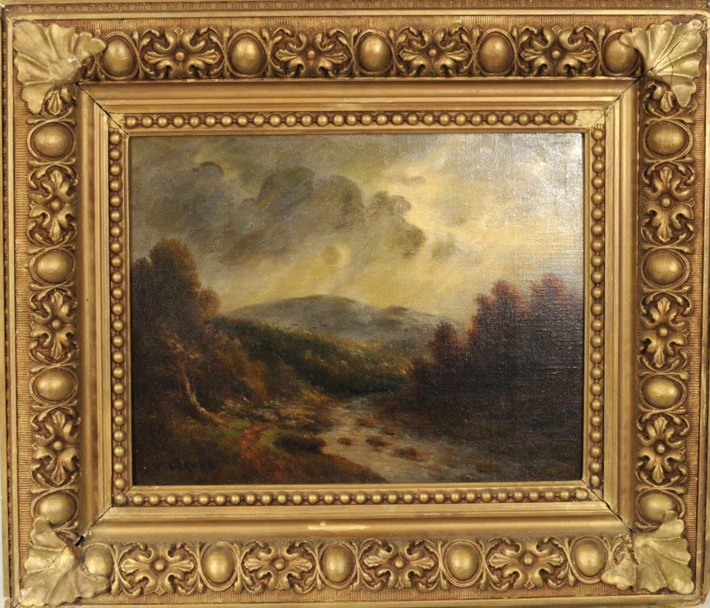 Thomas B. Griffin "Mountain Landscape W/Stream" OC: Thomas Bailey Griffin (American, 1858-1918), "Mountain Landscape With Stream" oil on canvas laid down on masonite, signed lower left "Griffin". Sight size: 13 1/2" high, 17 1/2" wide. Frame size: 23 3