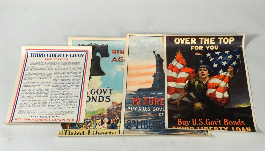 Group Four US Wartime Propaganda Posters: Group four US wartime propaganda posters comprising "Over The Top" by Sydney Rosenberg, "Before Sunset" by Eugene De Land, "Ring It Again" and "Third Liberty Loan". 23 1/2" high, 17" wide to 30" high,