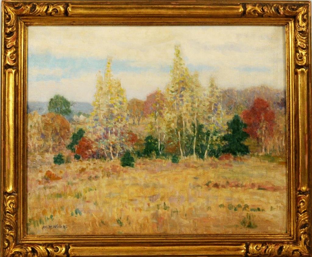 Mabel R. Welch, Autumn Woodland Landscape: Mabel R. Welch (American, 1871-1959), "Autumn Woodland Landscape" oil on canvas, signed lower left "M. R. Welch". Sight size: 15" high, 19 1/2" wide. Frame size: 20 1/2" high, 23 1/2" wide.
