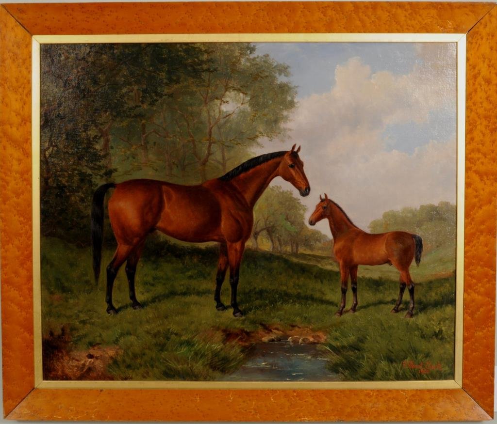 Frederick Albert Clark "Mare And Foal" O/C: Frederick Albert Clark (English, 1869-1954), "Mare And Foal" oil on canvas, signed, dated lower right "F. Albert Clark 1900". Sight size: 21 1/2" high, 26 1/2" wide. Frame size: 26 1/2" high, 31 1/2" 