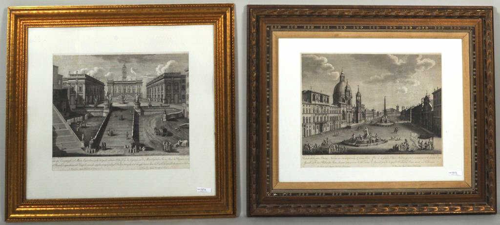 Two Italian Architectural Engravings: Two Italian architectural engravings comprising Francesco Morelli (Italian,1767-1830), "Vue Du Capitole...." 1796 and Pietro Ruga (Italian, d. 1825), "Vue De La Grande Place Navone..." 1799. Both fram