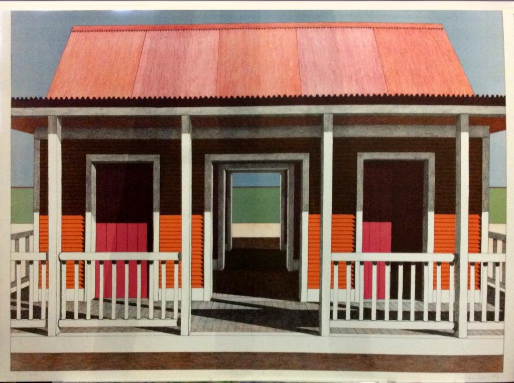 Emilio Sanchez "Beach House Casita al Mar": Emilio Sanchez (Cuban American, 1921-1999) "Beach House Casita al Mar", color lithograph, signed bottom right margin "Emilio Sanchez", numbered lower left "181/200". Sight size: 22" high, 29 1/2" wide
