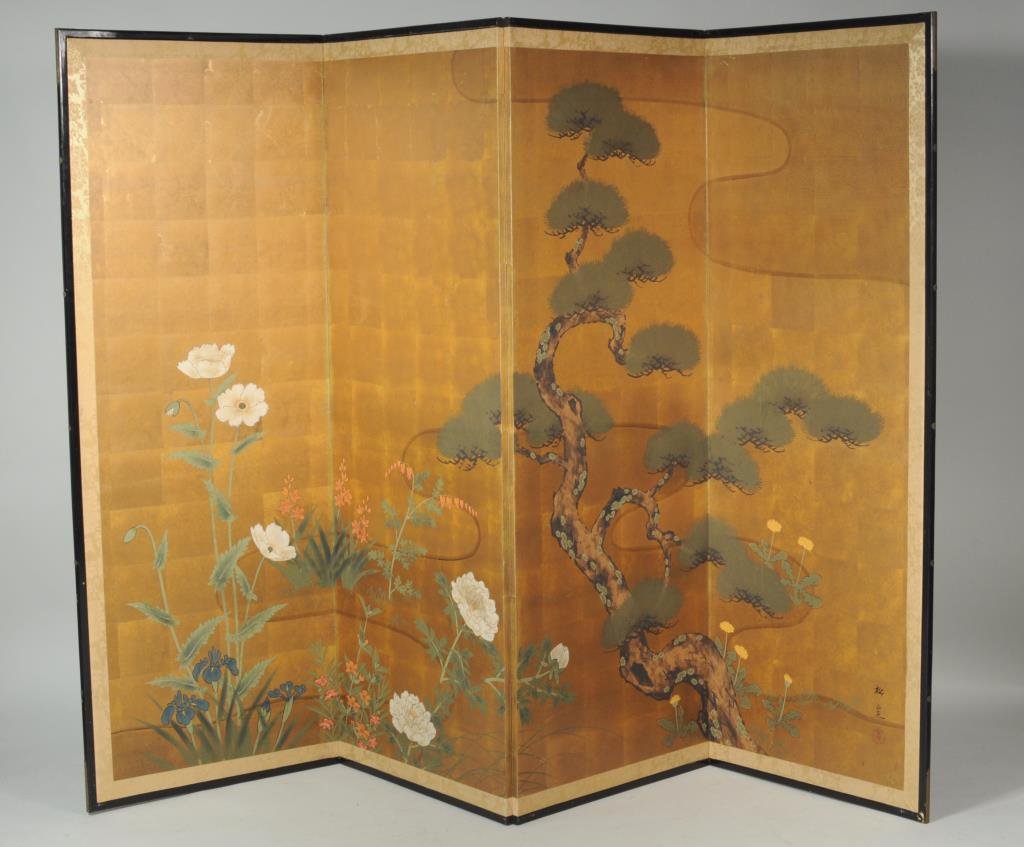 Japanese Painted Four Panel Screen: Japanese painted four panel screen, the black lacquer frame enclosing panels of flowering trees and blossoms. Early 20th century. 67 1/2” high, 100” open (each panel 25”).