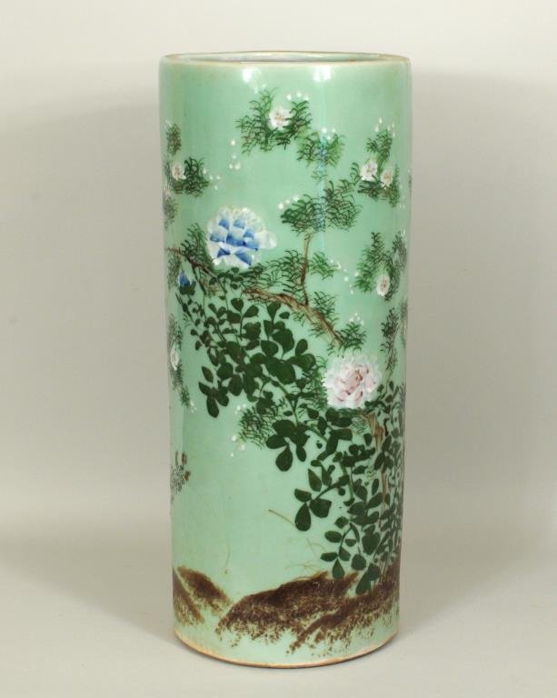 Asian Celadon Umbrella Stand W/Floral Decoration: Asian celadon umbrella stand with floral decoration. 23 1/2" high, 10" diameter. Condition: soiling.
