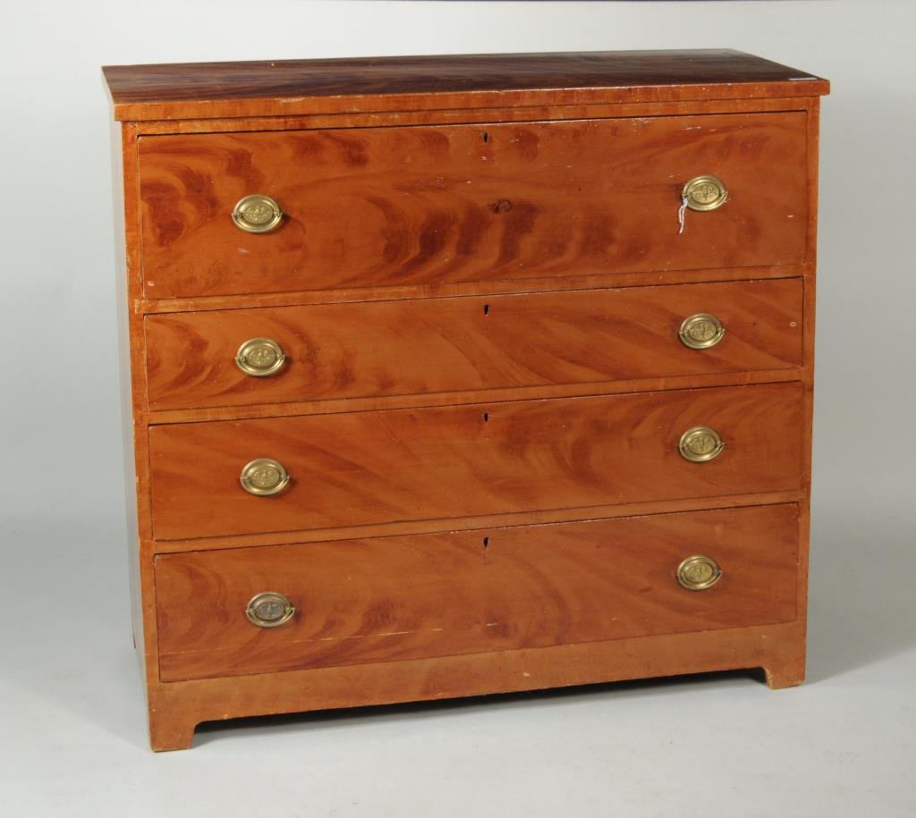 Hepplewhite Paint Decorated Chest Of Drawers: Hepplewhite paint decorated chest of drawers, having four long drawers and grain painted throughout. American, possibly New England, 19th century. 39 1/2" high, 43" wide, 18 3/4" deep. Condition: scra
