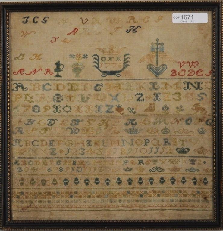 1776 Needlework Alphabet Sampler: 1776 needlework alphabet sampler depicting several alphabets. Initialed, dated "CFH 1776". Framed, not examined out of frame. Sight size: 10 1/4" high, 10 1/4" wide. Frame size: 11 1/2" high, 11 1/4"