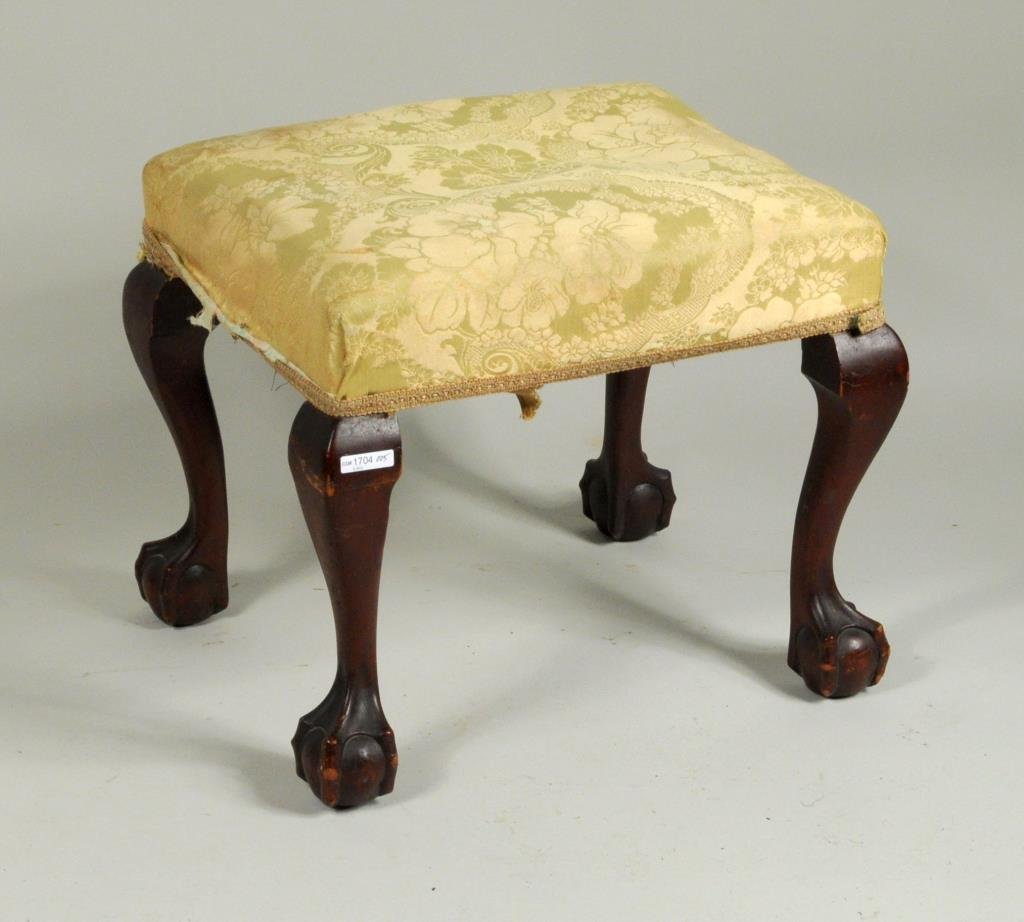 Chippendale Style Mahogany B/C Foot Stool: Rare Chippendale style carved mahogany footstool with ball and claw feet, probably New York. 17.5" high, 14.5" wide, 16" deep. Condition: missing knee blocks.