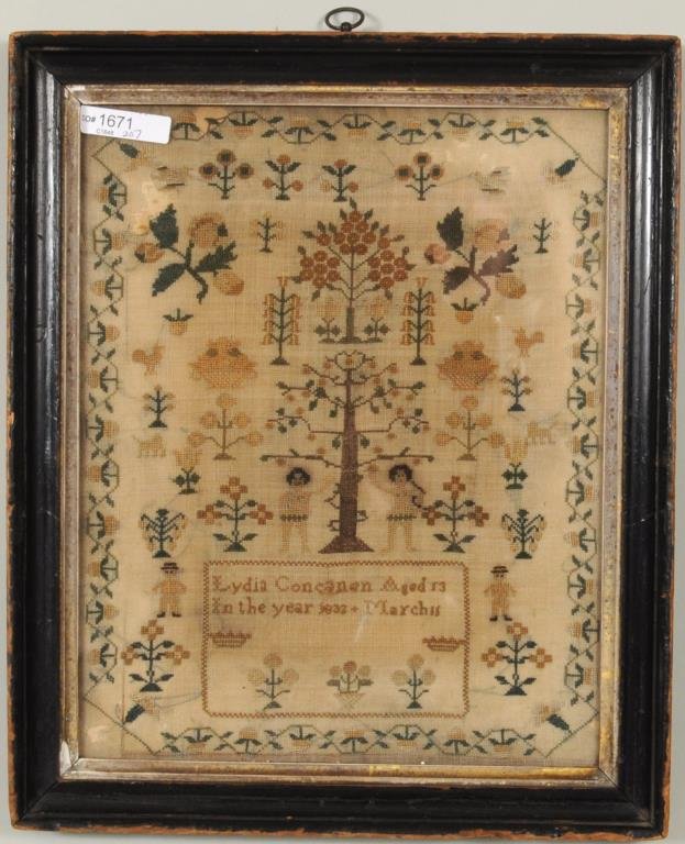 1833 Needlework Sampler: 1833 Needlework sampler depicting Adam and Eve among flowers and figures inscribed "Lydia Concanen Aged 13 in the year 1833 March 11". Framed, not examined out of frame. Sight size: 12" high, 9 1/4" w