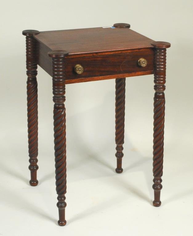 Massachusetts Sheraton Mahogany One Drawer Stand: Sheraton carved mahogany one drawer side table, with ring-turned and boss mounted extruded corners, and rope turned legs ending in ball feet, probably Boston, early 19th century. 28" high, 20" wide, 1