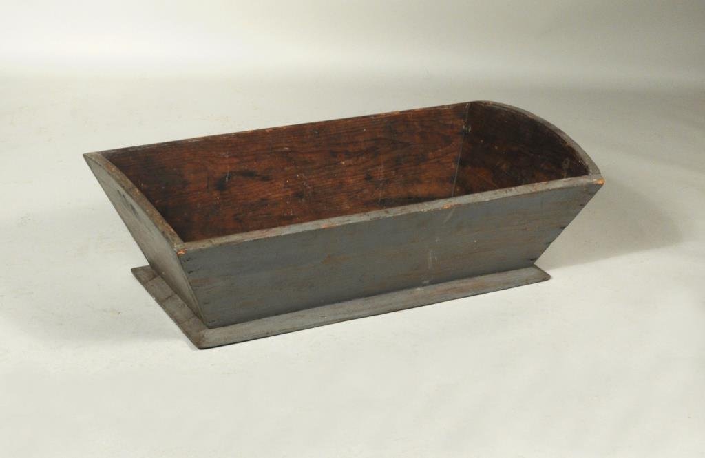 Cape Cod Painted Dough Box: Cape Cod painted dough box in blue grey wash. 9" high, 30 1/2" wide, 17" deep. Condition: age cracks, stains.